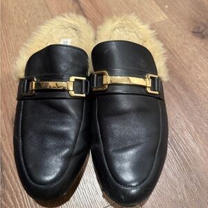 Black Leather Loafers with Gold Buckle